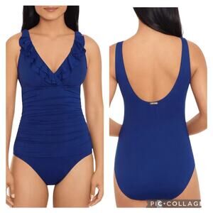 New LAUREN RALPH LAUREN Beach Club Blue Ruffled One Piece Swimsuit Women's Sz 6